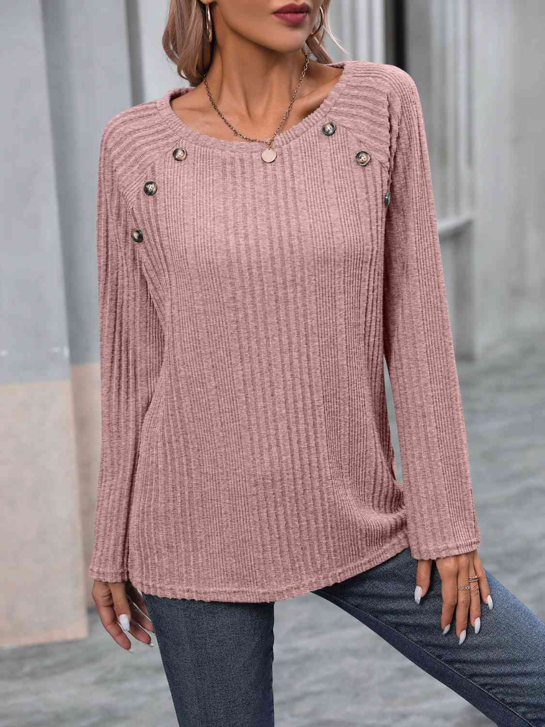 swvws Ribbed Buttoned Round Neck Long Sleeve T-Shirt