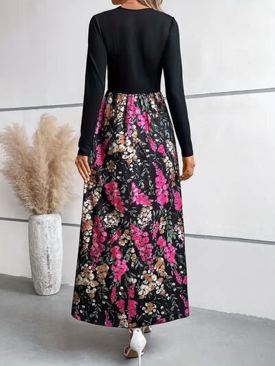 swvws Floral Round Neck Long Sleeve Maxi Dress