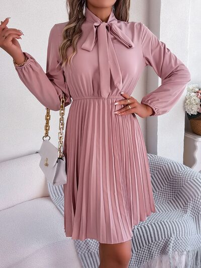 swvws Tie Neck Balloon Sleeve Pleated Dress