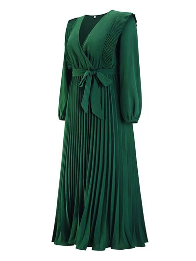 swvws Pleated Surplice Tie Waist Maxi Dress