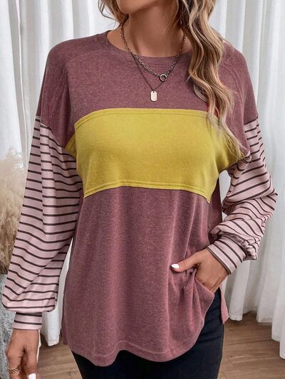 swvws Round Neck Striped Long Sleeve Slit T-Shirt