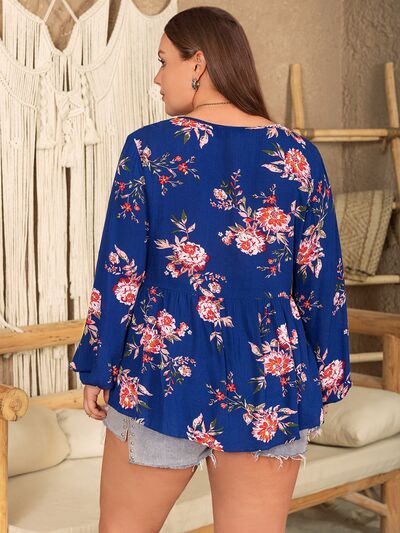 swvws Plus Size Printed Tie Neck Balloon Sleeve Blouse