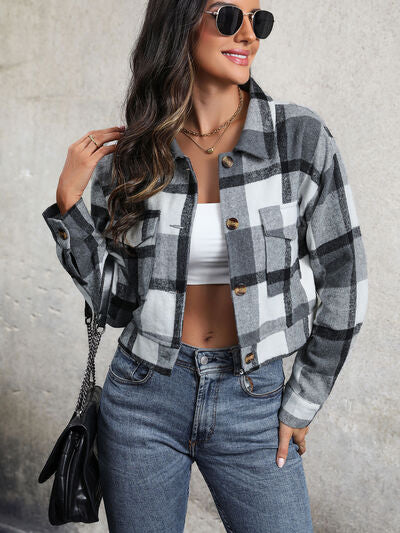 swvws Plaid Button Up Drop Shoulder Cropped Jacket