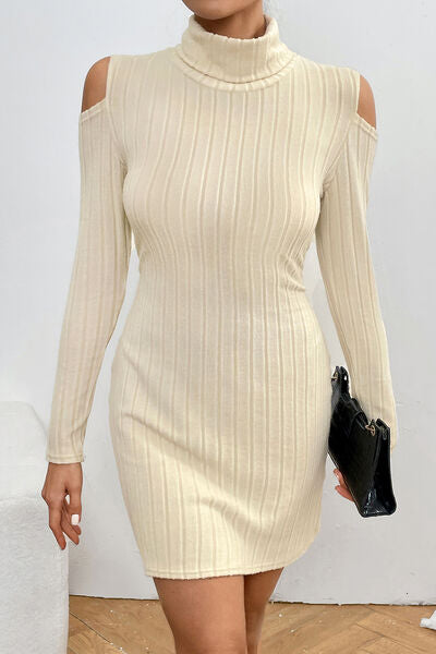 swvws Ribbed Turtleneck Cold Shoulder Long Sleeve Mini Dress