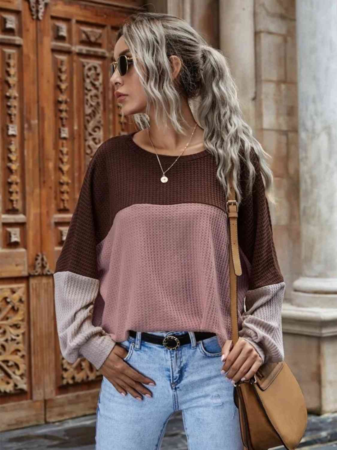 swvws Color Block Waffle-Knit Long Sleeve Top