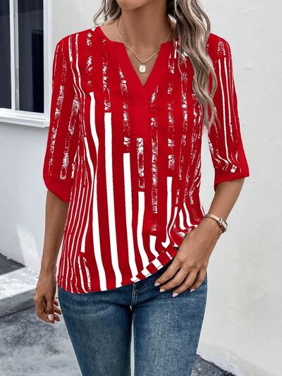 swvws Striped Notched Half Sleeve Blouse