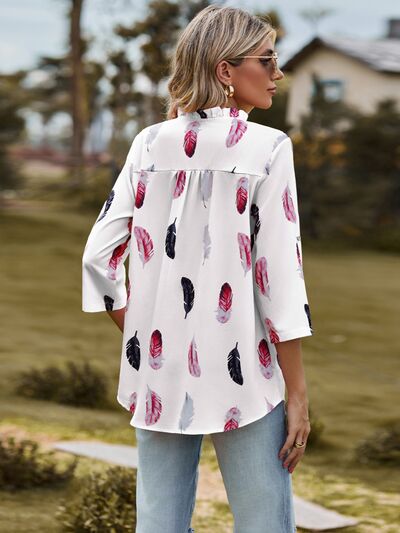 swvws Printed Frill Notched Roll-Tab Sleeve Blouse