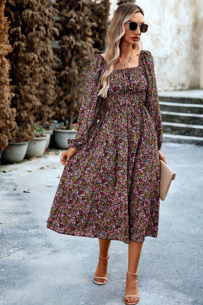 swvws Printed Balloon Sleeve Pocketed Midi Dress