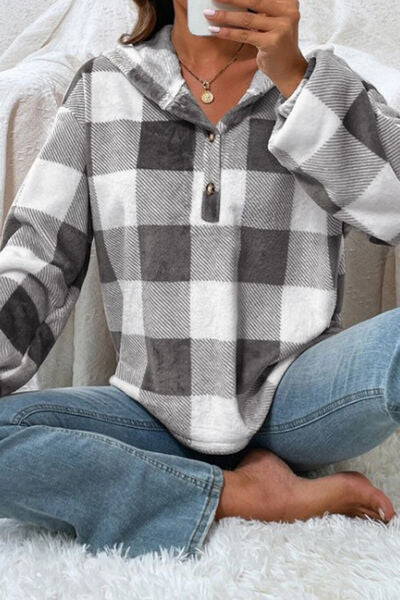 swvws Plaid Quarter Button Dropped Shoulder Hoodie