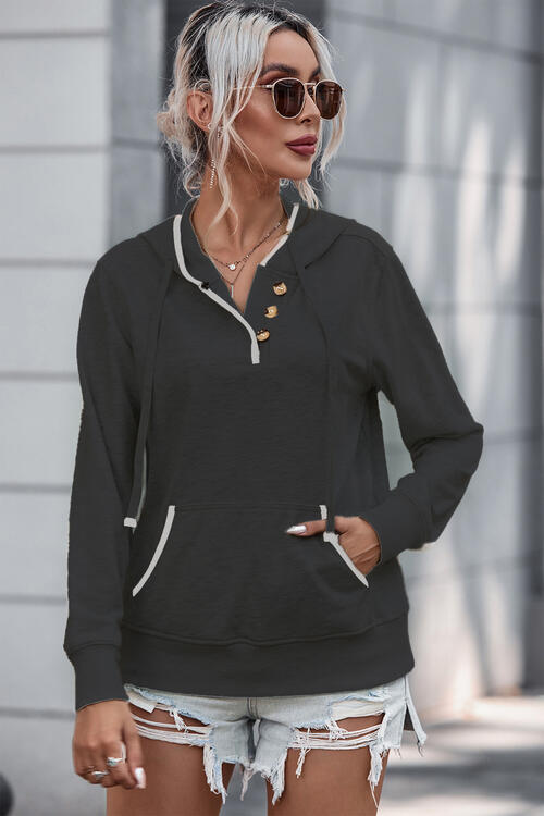 swvws Half Button Drawstring Long Sleeve Hoodie