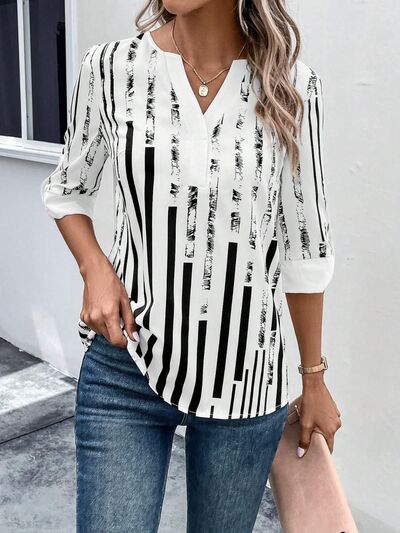 swvws Striped Notched Half Sleeve Blouse