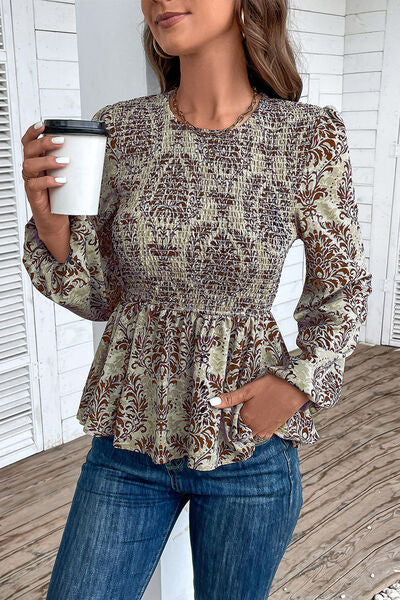 swvws Smocked Printed Balloon Sleeve Blouse