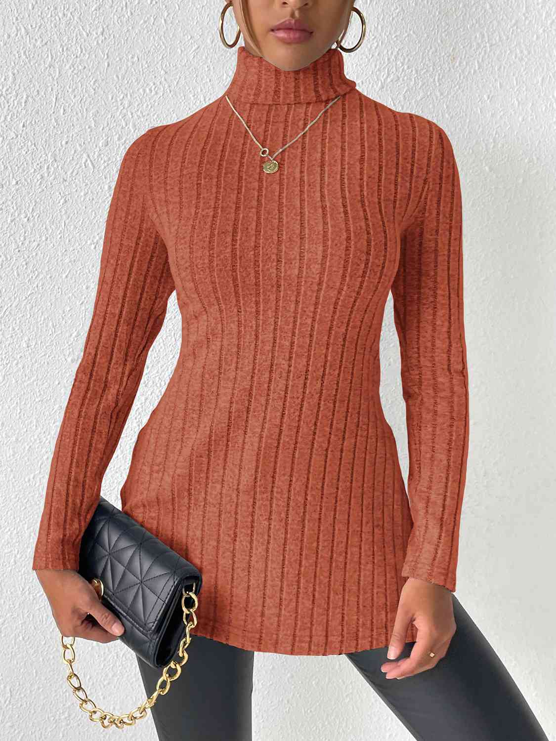 swvws Ribbed Turtleneck Long Sleeve Slit T-Shirt