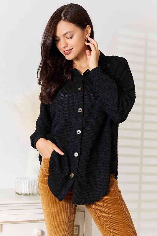 swvws Double Take Waffle-Knit Collared Neck Dropped Shoulder Shirt