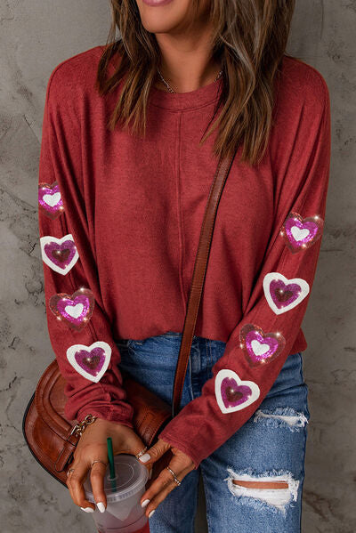 swvws Heart Sequin Round Neck Long Sleeve T-Shirt