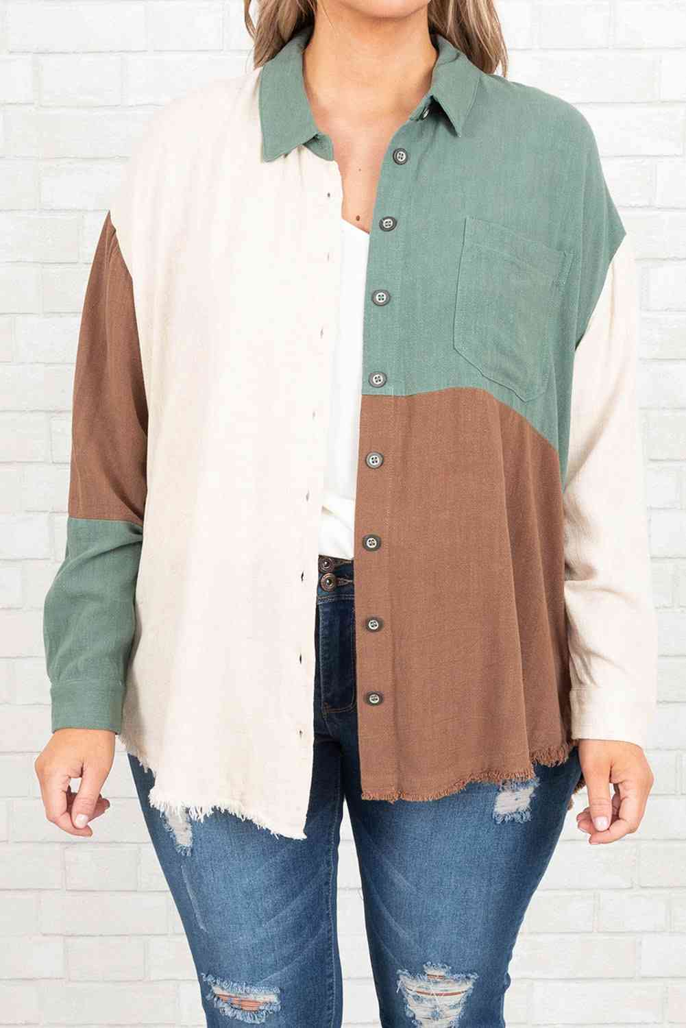 swvws Plus Size Collared Neck Color Block Raw Hem Shirt