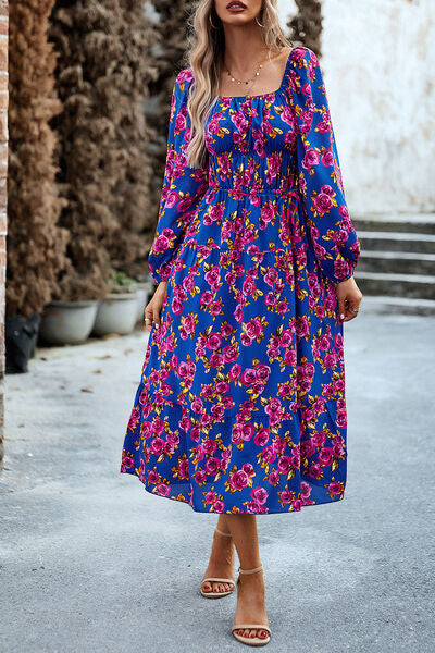 swvws Printed Balloon Sleeve Pocketed Midi Dress