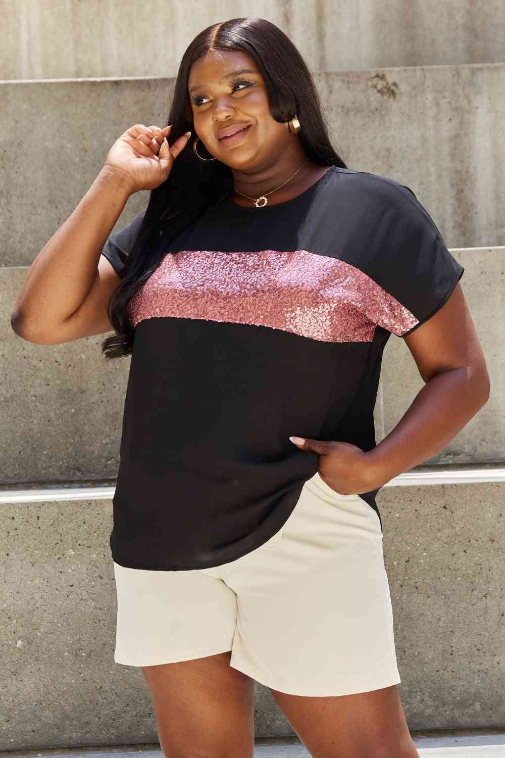 swvws Sew In Love Shine Bright Full Size Center Mesh Sequin Top in Black/Mauve