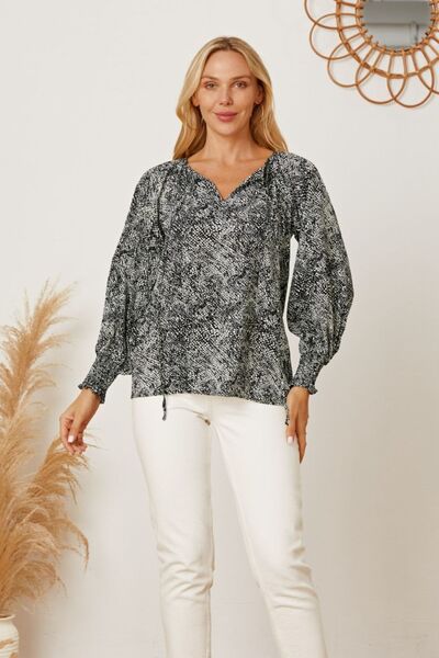 swvws Printed Tie Neck Lantern Sleeve Blouse