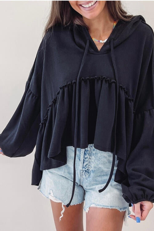 swvws Drawstring High-Low Balloon Sleeve Hoodie