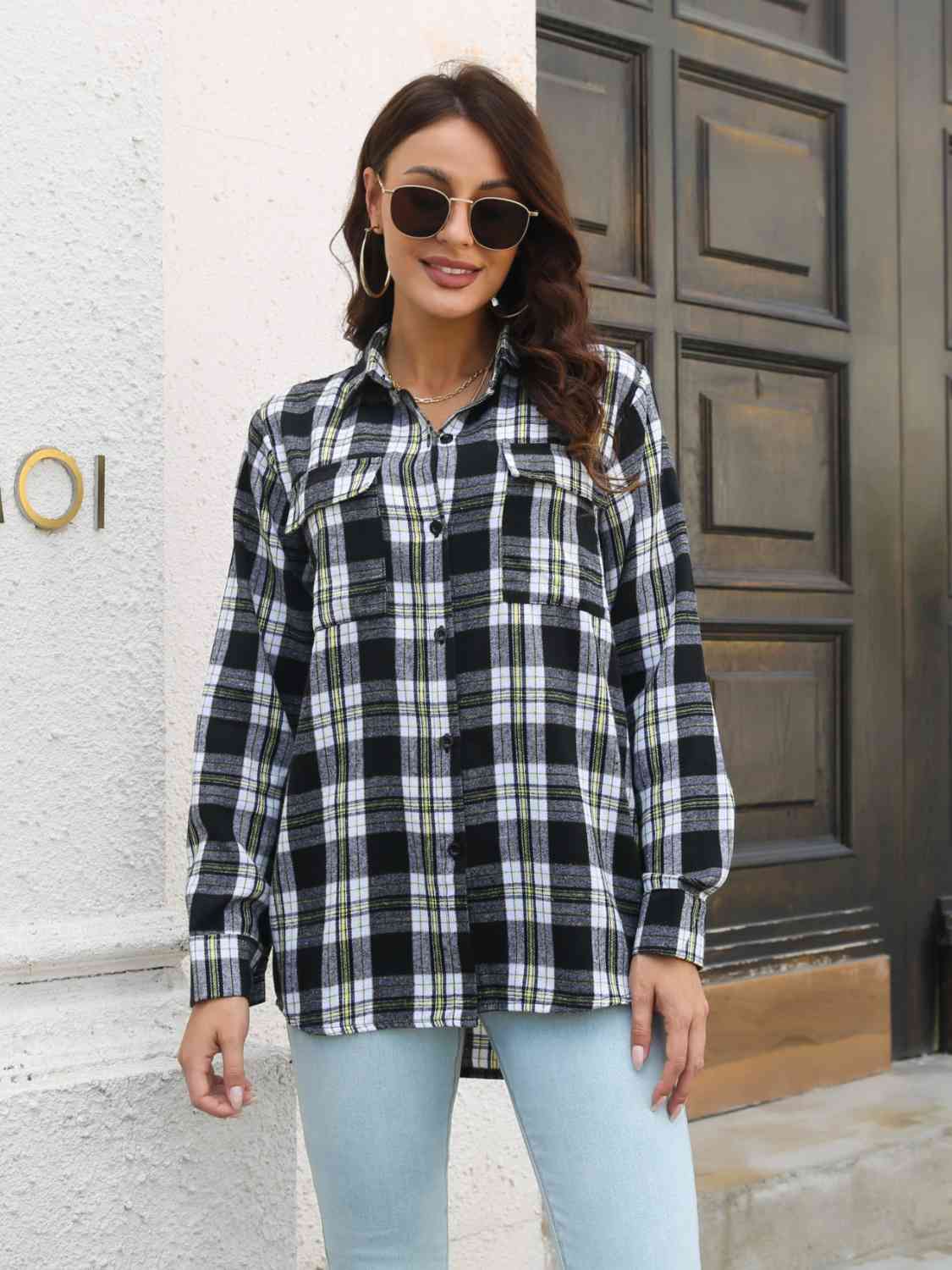 swvws Plaid Collared Neck Buttoned Shirt with Pockets