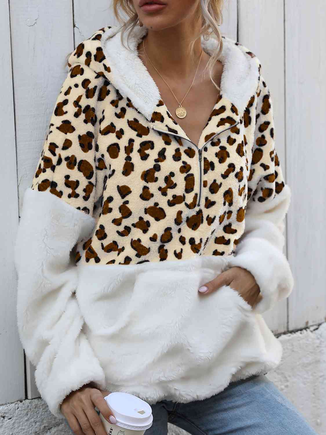 swvws Leopard Half-Zip Dropped Shoulder Hoodie