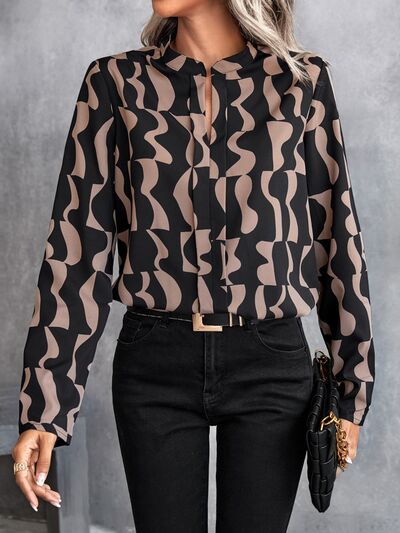 swvws Printed Notched Long Sleeve Blouse