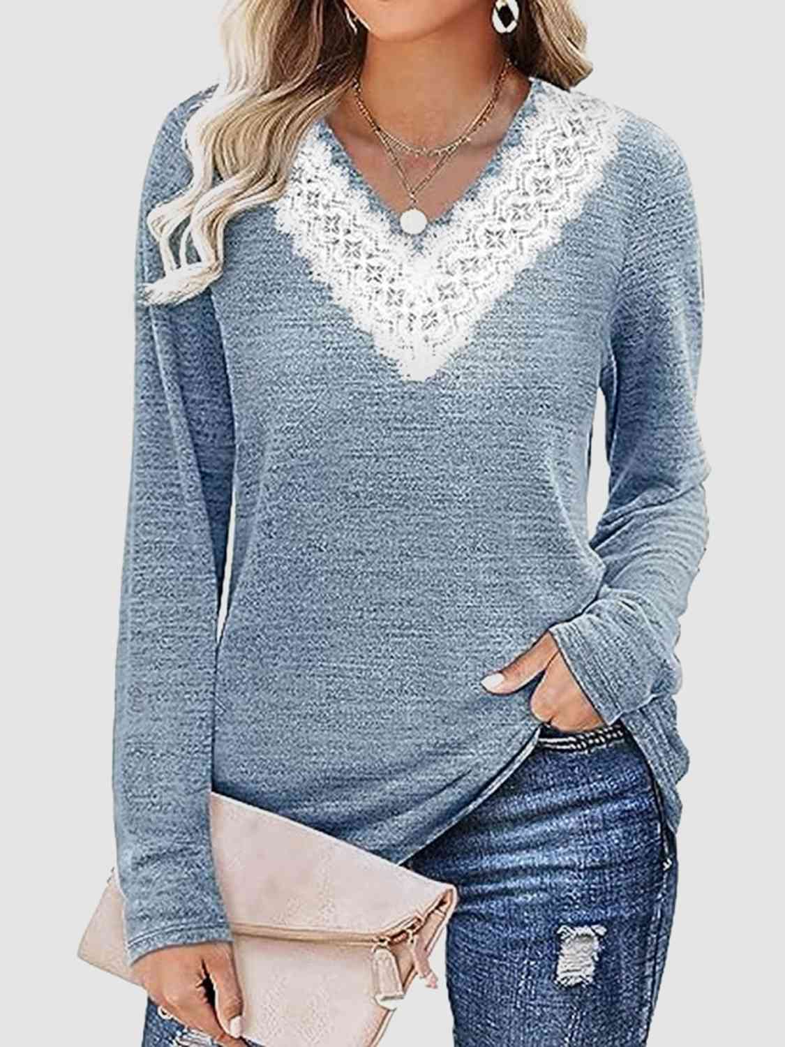 swvws Lace Detail V-Neck Long Sleeve Top