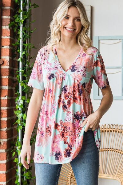 swvws Heimish Full Size Floral V-Neck Short Sleeve Babydoll Blouse