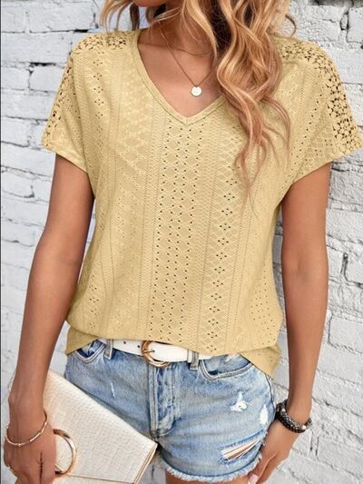 swvws Eyelet V-Neck Short Sleeve T-Shirt