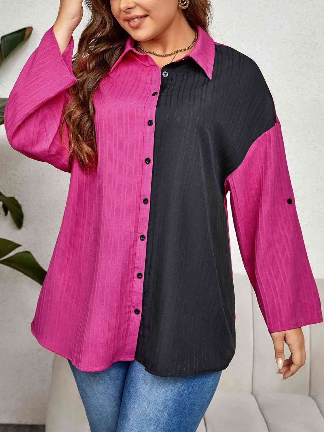 swvws Plus Size Contrast Color Roll-Tap Sleeve Shirt