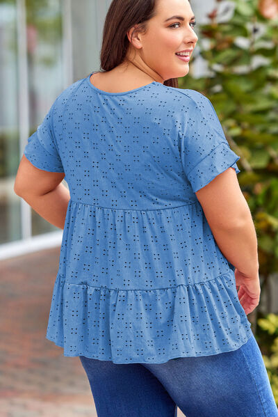 swvws Plus Size Eyelet Round Neck Short Sleeve Blouse