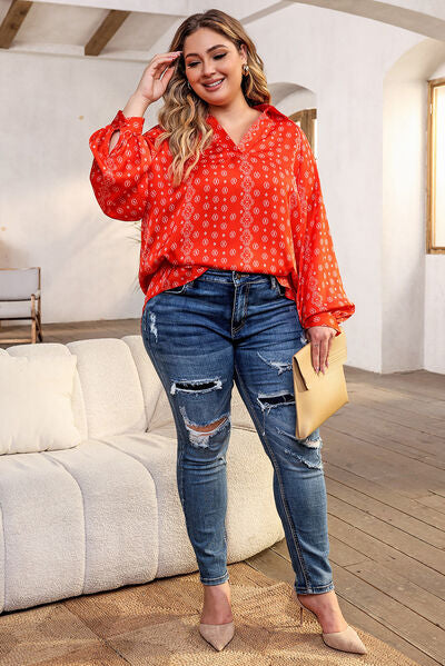 swvws Plus Size Printed Johnny Collar Long Sleeve Blouse