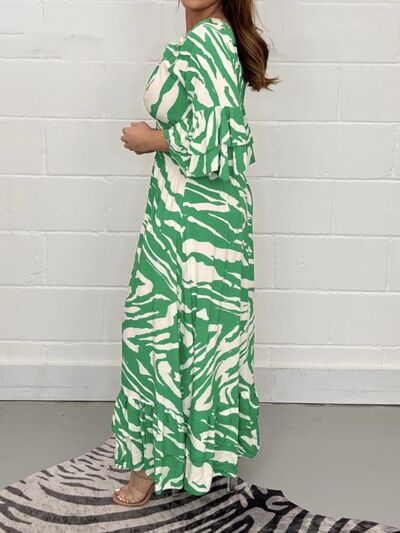 swvws Smocked Printed Flounce Sleeve Maxi Dress