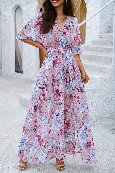 swvws Printed Tied Half Sleeve Slit Dress