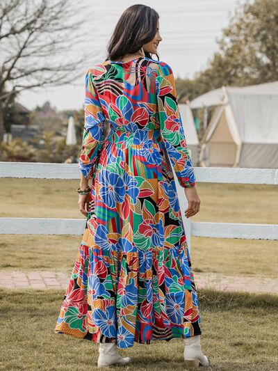 swvws Printed Smocked Tie Neck Balloon Sleeve Maxi Dress