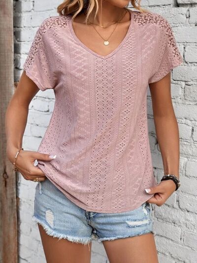 swvws Eyelet V-Neck Short Sleeve T-Shirt