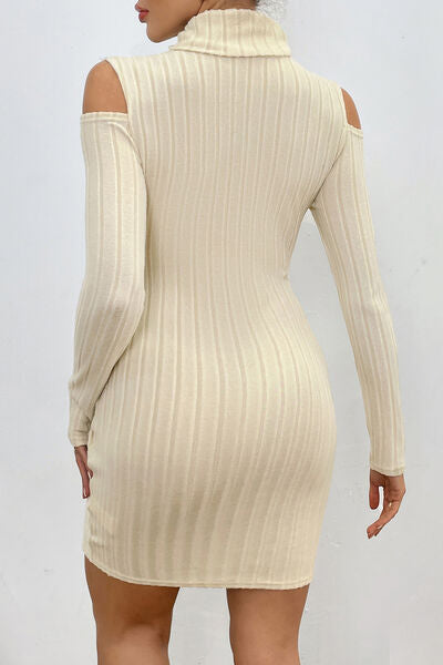 swvws Ribbed Turtleneck Cold Shoulder Long Sleeve Mini Dress