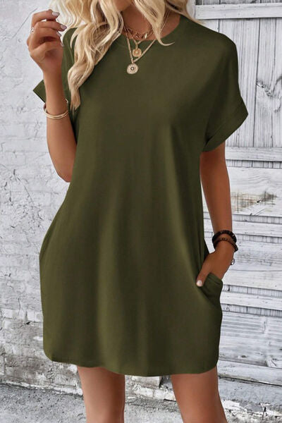 swvws Pocketed Round Neck Short Sleeve Dress