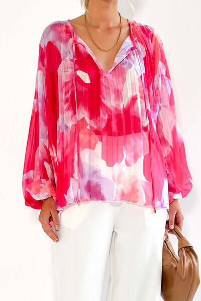 swvws Printed Tie Neck Balloon Sleeve Blouse