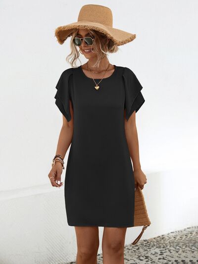 swvws Round Neck Flutter Sleeve Mini Dress