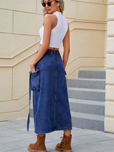 swvws Slit Pocketed High Waist Denim Skirt