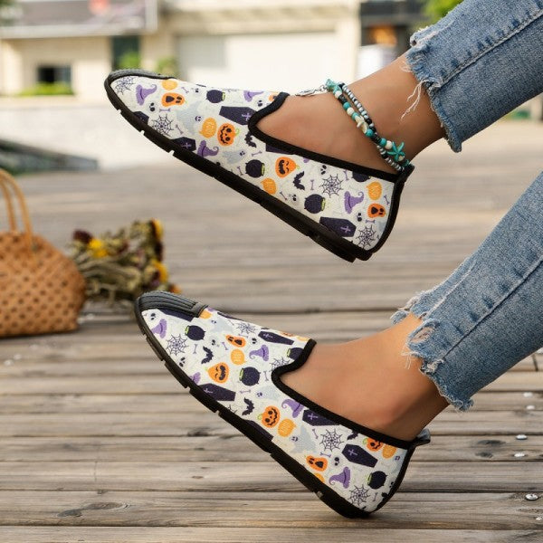 swvws - Halloween Cream White Casual Patchwork Printing Round Comfortable Flats Shoes