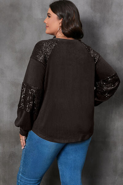 swvws Plus Size Graphic Sequin Long Sleeve Round Neck T-Shirt