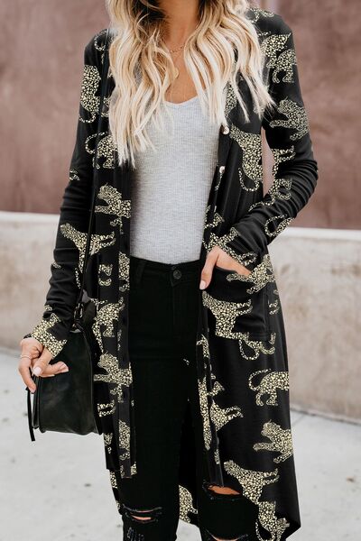 swvws Animal Pattern Ribbed Button Up Long Sleeve Cardigan