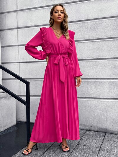 swvws Pleated Surplice Tie Waist Maxi Dress