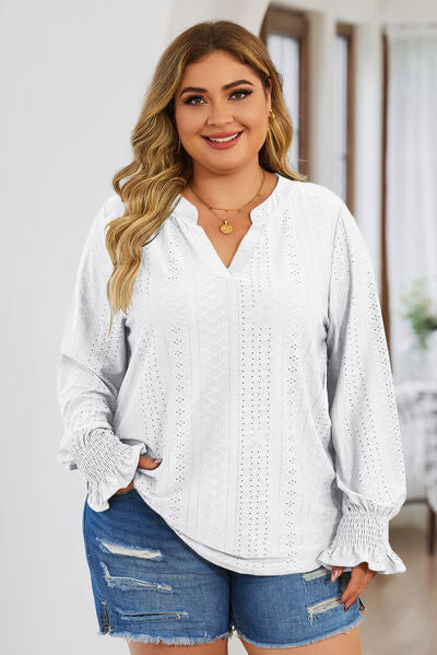 swvws Plus Size Eyelet Notched Flounce Sleeve Blouse