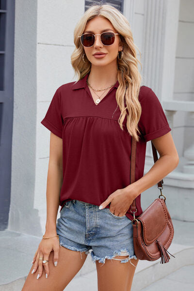 swvws Ruched Johnny Collar Short Sleeve Blouse