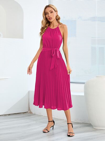 swvws Pleated Spaghetti Strap Tie Waist Midi Dress