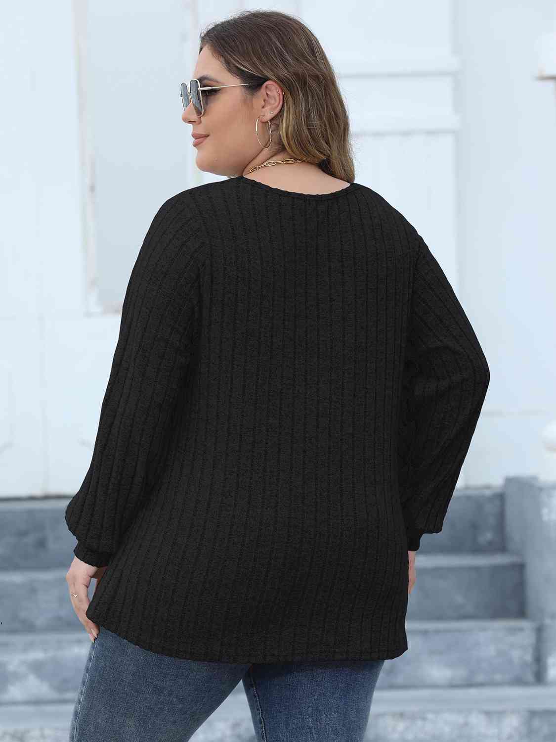 swvws Plus Size Ribbed V-Neck Long Sleeve Top